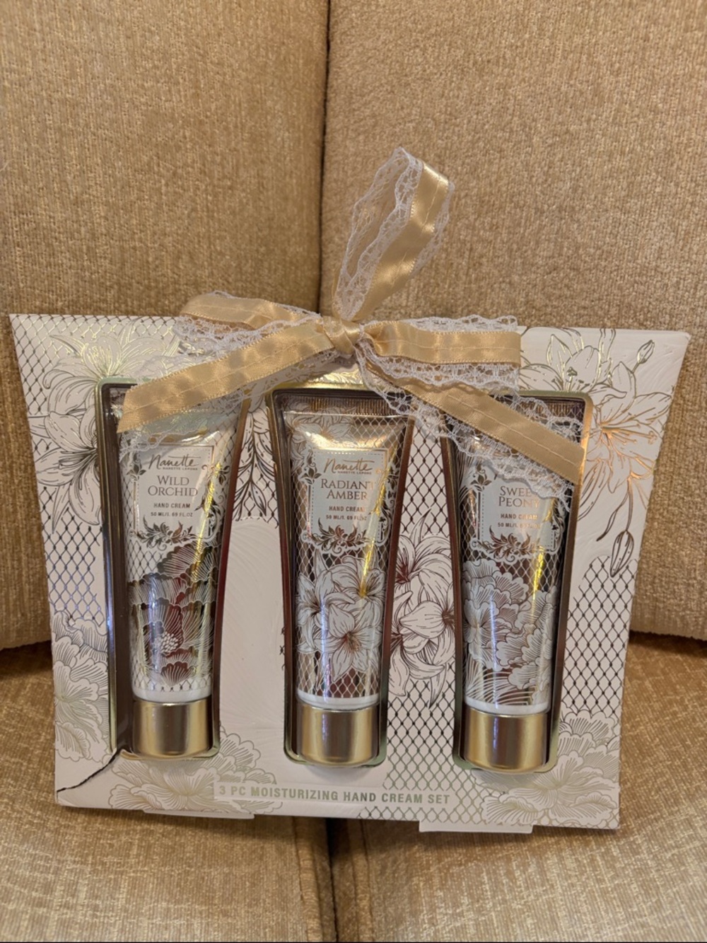 Nannette Hand Cream 3-Piece Set - Gold and White Accents.